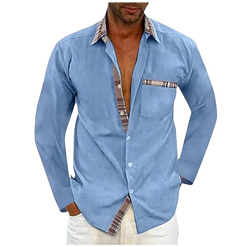 Angebote Des Tages Heute Deal, Langarmshirt Herren Hemd Herren Weiss Gestreiftes Patchwork Button Down Hemden Mit Taschen Casual Locker Freizeithemd Hemd Herren Leinen Trachtenhemd Herren Blau(Blau,M) von LUNULE