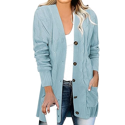 Angebote Des Tages Heute Deal, Leichte Sommerjacke Damen Damen-Jacken Einfarbig Zopfmuster Grobstrick Jacke Mit Taschen Und Knöpfen Casual Langarm Open Front Cordjacke Trachtenweste (Hellblau,Xxl) von LUNULE