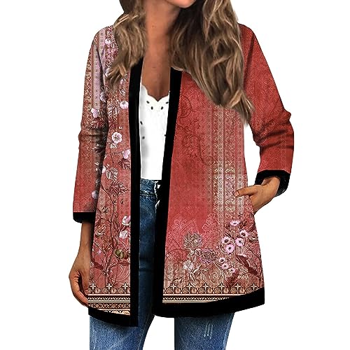 Angebote Tages Blitzangebote Heute, Cardigan Damen Leichte Sommer Strickjacke Blumendruck Langarm Mid Cardigan Frauen Elegant Open Front Outwear Locker Casual Shirtjacke Damen Boleros Für Damen(Rot,S) von LUNULE