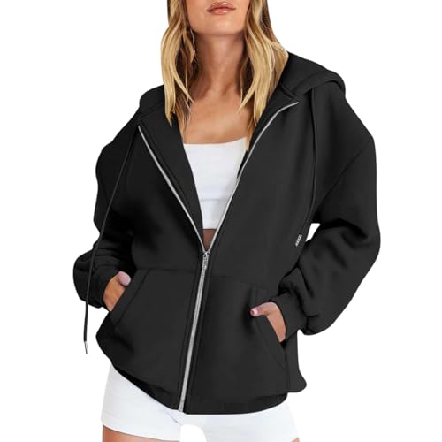 Angebote Tages Blitzangebote Heute, Jacke Damen Sommer Funktionsjacke Damen Einfarbig Full Zip Pullover Oberteile Casual Langarm Hooded Jacke Mit Taschen Loose Sportkleidung Frauen (Schwarz,3XL) von LUNULE