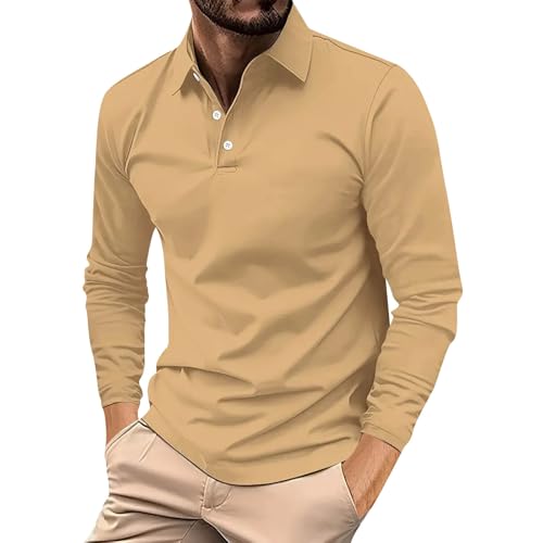 Angebote Tages Blitzangebote Heute, Poloshirt Herren Business Hemd Herren Einfarbig Button Down Revers Polo Shirt Regular Fit Golf Tennis Shirts Casual Herrenhemden Langarm Bügelfrei (Khaki,Xl) von LUNULE