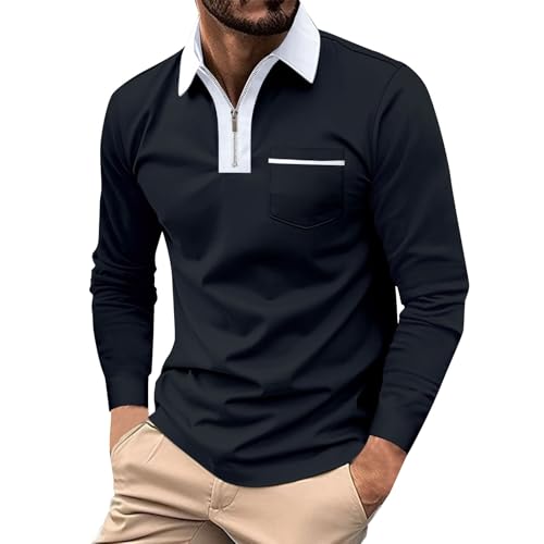 Angebote Tages Blitzangebote Heute, Poloshirt Herren Hemd Leinen Herren Farbblock Revers Polohemd Mit Reißverschluss Casual Golf Tennis Sportshirt T-Shirt Schwarz Herren Langarmhemd Herren(Marine,XL) von LUNULE