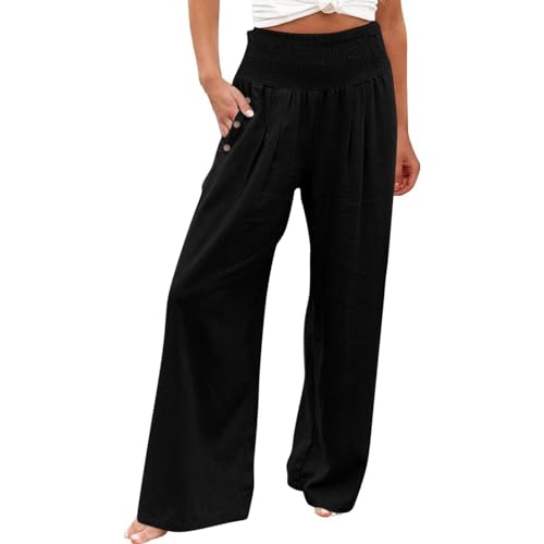 Angebote Tages Blitzangebote Heute, Sommerhose Damen Leicht Palazzo Hose Damen Einfarbig Freizeithose Leicht Casual Hose High Waist Stoffhose Weites Bein Strandhose Linen Pants (Black,3XL) von LUNULE