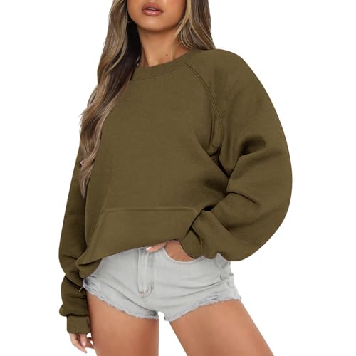 Angebote Tages Blitzangebote Heute, Sweatshirts Für Damen Langarmshirt Damen Einfarbig Rundhals Langarm Pulli Ohne Kapuze Oversized Oberteile Tops Locker Casual Basic Bluse Sweatshirt (Brown,XXL) von LUNULE