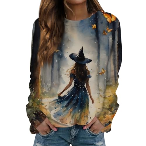 Angebote des Tages, Halloween Hexe Shirt Damen Elegant Halloween Hexe Drucken Langarm Sweatshirt Ohne Kapuze Leicht Locker Bluse Tops Outdoor Pulli Damen Sweatshirt(Dark Blue,S) von LUNULE