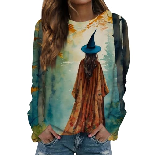 Angebote des Tages, Halloween Kostüm Hexe Damen Pullover Damen Winter Halloween Hexe Drucken Langarm Sweatshirt Ohne Kapuze Leicht Locker Bluse Tops Outdoor Damen Hoodie Langarm (Turquoise,S) von LUNULE