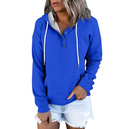 Angebote des Tages, Hoodie Damen Sweatjacke Einfarbig Button Down Pullover Mit Kapuze Casual Leicht Langarm Hoody Oberteile Laufjacke Damen Wasserdicht Atmungsaktiv Jacke Damen Sommer(Blue,XL) von LUNULE