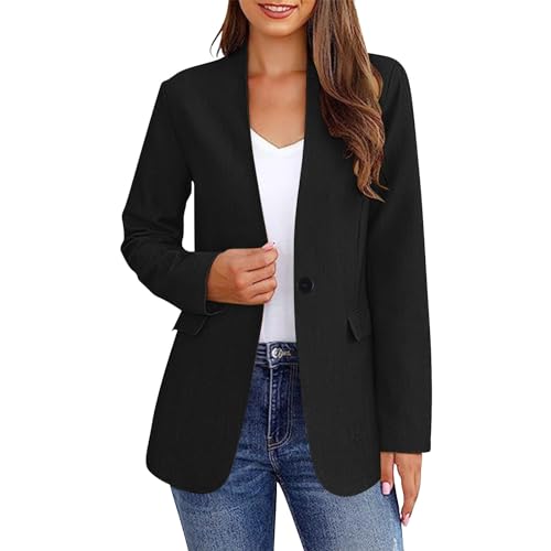 Angebote des Tages, Jacke Damen Sommer Blazer Damen Sportlich Einfarbig Langarm Knopf Open Front Jacke Arbeit Büro Cardigan Leicht Dünne Damen Mantel Long Blazer Für Damen(Schwarz,XL) von LUNULE