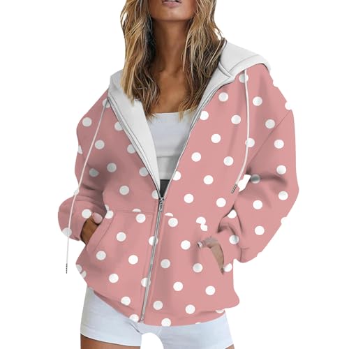 Angebote des Tages, Kapuzenjacke Damen Sport Shirts Für Damen Polka Dot Druck Langarm Kapuzenjacke Mit Taschen Casual Full Zip Sweatshirt Jacke Leicht Sweatjacke Mädchen Zipper Hoodie(Rosa,L) von LUNULE