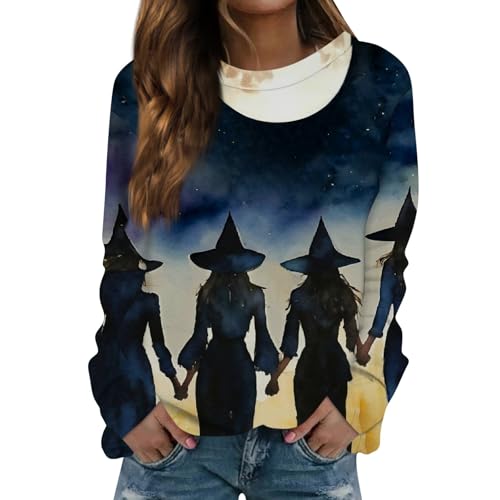 Angebote des Tages Heute, Halloween Teufel Kostüm Damen Shirt Damen Langarm Halloween Hexe Drucken Langarm Sweatshirt Ohne Kapuze Leicht Locker Bluse Tops Outdoor Damen Langarmshirt (Dark Blue,XXL) von LUNULE