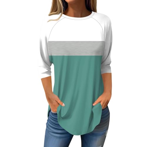 Angebote des Tages Heute, Oberteile Damen Sommer T Shirt Damen V Ausschnitt Einfarbig Patchwork Rundhals 3/4 Ärmel Tshirt Casual Locker Basic Tee Shirt Basic Shirt Damen Viskose Shirt(Gray,S) von LUNULE