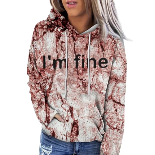 Angebote des Tages Heute, Pullover Damen Herbst Damen Hoodie Halloween Blutspritzer Brief Bedrucktes Langarm Pullover Mit Kapuze Lustig Festlich Oversized Tshirt Damen T Shirts Damen Sommer(Wine,XXL) von LUNULE