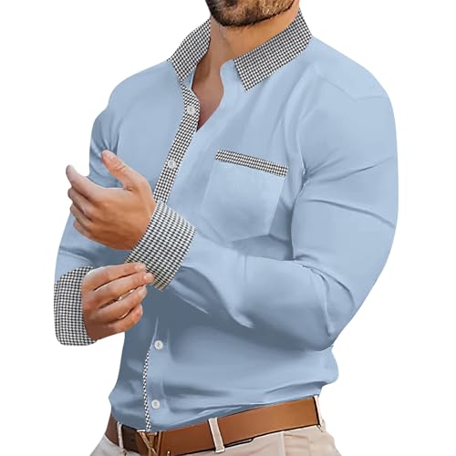 Angebote des Tages Heute, Shirt Langarm Herren Herren Hemd Weiss Kariert Patchwork Button Down Hemden Mit Tasche Casual Leicht Herrenhemden Klassisch Leinenhemd Herren Anzug Hemd(Hellblau,XL) von LUNULE