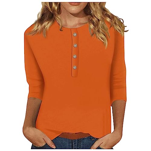 Angebote des Tages Heute, Shirts Damen Sommer T Shirts Damen Sommer Einfarbig Button Down Rundhals 3/4 Ärmel T-Shirt Causal Locker Tee T-Shirt Tunika Damenblusen Sexy Oberteil Damen(Orange,XL) von LUNULE