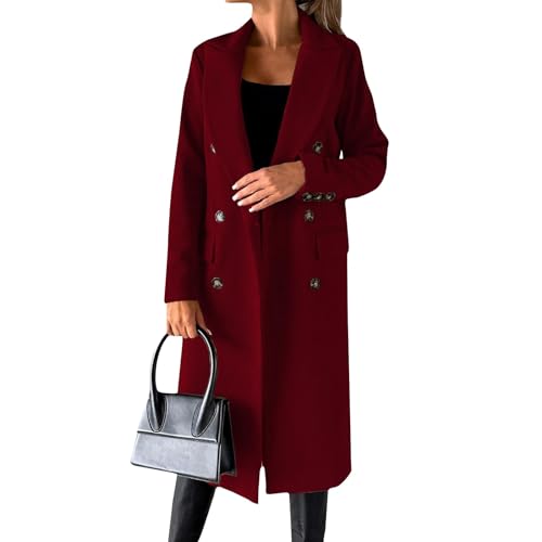 Angebote des Tages Heute, Winterjacke Damen Lang Mantel Herbst Damen Zweireihiger Trenchcoat Elegante Langer Jacke Mantel Einfarbig Langarm Wollmantel Leichte Winterjacke Langer (Wein,XXL) von LUNULE