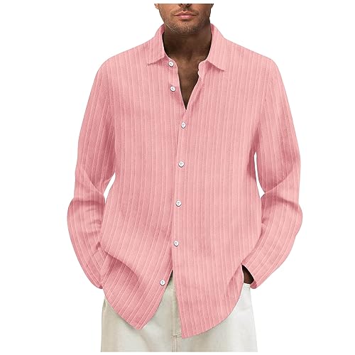 Angebote des Tages Heute Blitzangebote, Hemden Herren Langarm Hawaii Hemd Männer Einfarbig Langarm Leinen Hemden Casual Gestreiftes Freizeithemden Leicht Loose Beach Shirt Henley (Rosa,M) von LUNULE