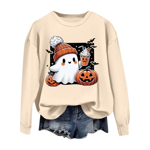 Angebote des Tages Heute Blitzangebote, Shirt Damen Elegant Halloween Kürbis Kostüm Geister Bedruckte Pulli Ohne Kapuze Langarm Rundhals Sweatshirt Casual Locker Fleecepullover (Beige,L) von LUNULE