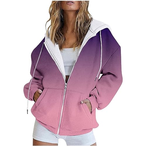 Angebote des Tages Heute Blitzangebote, Sweatjacke Damen Sweatjacke Damen Lang Gradient Drucken Langarm Hoodie Jacke Mit Reißverschluss Casual Leicht Laufjacke Damen Leicht Damen (Dark Purple,L) von LUNULE