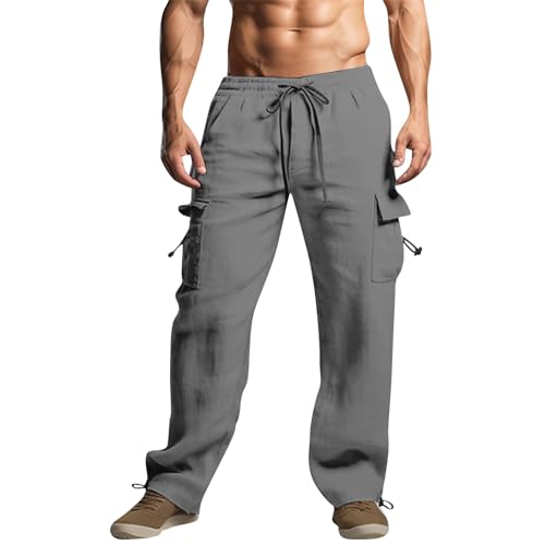 Angebote des Tages Heute Blitzangebote, Trainingsanzug Herren Sommerhose Herren Leicht Einfarbig Baumwolle Leinenhose Leicht Loose Fit Lange Hosen Elastische Taille Bodybuilding (Gray,S) von LUNULE