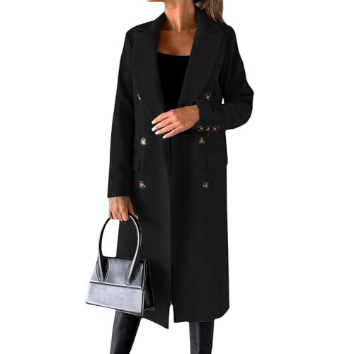 Angebote des Tages Heute Damen, Trenchcoat Damen Wollmantel Damen Herbst Zweireihiger Trenchcoat Elegante Langer Jacke Mantel Einfarbig Langarm Wollmantel Leichte Winterjacke (Schwarz,XL) von LUNULE