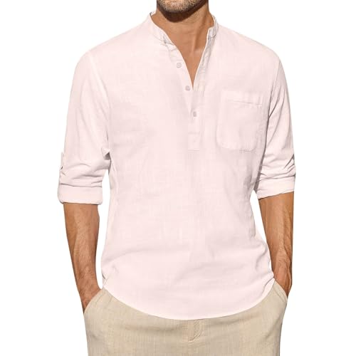 Angebote des Tages Heute Deal, Langarm Shirts Herren Herrenhemden Langarm Einfarbig Button Down Henley Shirt Freizeithemd Mit Tasche Regular Fit Baumwolle Leinen Bügelfreie Hemden (Beige,XL) von LUNULE