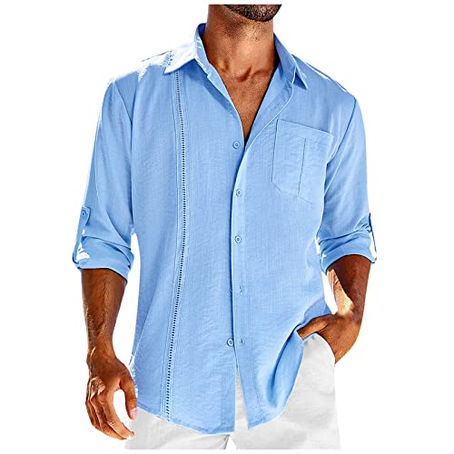 Angebote des Tages Heute Deal, Langarmshirt Herren Hemd Ohne Kragen Herren Einfarbig Baumwolle Leinen Hemden Mit Knöpfen Brusttasche Freizeithemd Casual Langarm Shirt Männer Hemd (Hellblau,L) von LUNULE