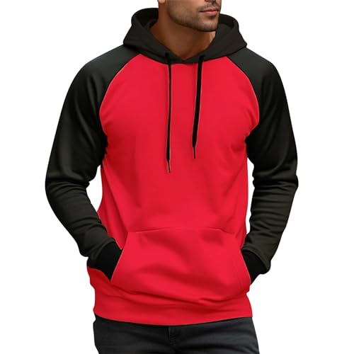 Angebote des Tages Heute Deal, Pullover Für Herren Pulli Herren Farbblock Langarm Pullover Mit Kapuze Locker Casual Basic Kapuzenpullover Einfarbig Patchwork Halloween Shirt Herren (Rot,L) von LUNULE