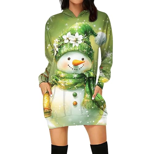 Ballkleider Damen Lang, Warehouse Deal Retourenware Schneemann Druck Hoodie Kleid Elegant Langarm Weihnachtskleid Mit Taschen Lustig Weihnachts Blusenkleid Damen Weihnachtspullover (Grün,XL) von LUNULE