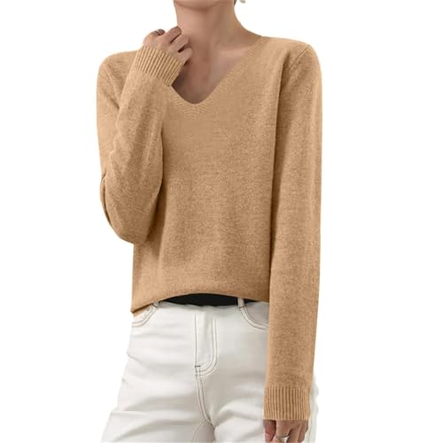 Black Friday Angebote, Weihnachtspullover Damen Einfarbig V-Ausschnitt Langarm Pullover Ohne Kapuze Locker Casual Gestrickter Pulli Weihnachtsoutfit Damen Fleecepullover Damen (Camel,M) von LUNULE