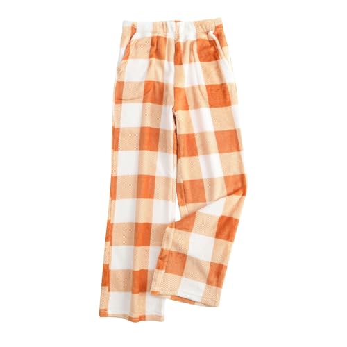 Black Friday Angebote 2024, Schlafanzug Damen Pyjama Hose Karierte Lang Flanell Nachtwäsche Winter Warme Pyjamas Pyjamahose Casual Lockere Schlafanzug Lang Damen Pyjama Hose Damen(Orange,S) von LUNULE