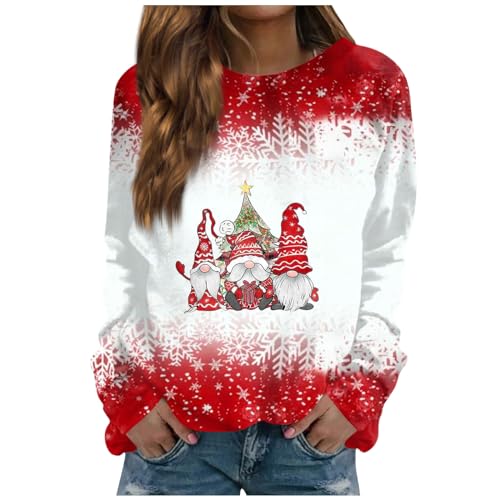 Black Friday Angebote 2024, Weihnachts Tshirt Damen Sweatshirt Damen Lustige Weihnachten Druck Pullover Herbst Winter Rundhals Langarm Sweatshirt Christmas Pullover Langarmshirt Damen Eng(Rot,Xl) von LUNULE