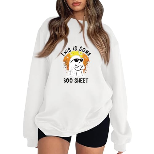 Blitzangebote Des Tages, Oversize Shirt Damen Halloween Costume Kürbisse Und Geister Drucken Pullover Ohne Kapuze Rundhals Langarm Pulli Oberteile Fleecepullover Damen Weißes Tshirt Damen(White,L) von LUNULE