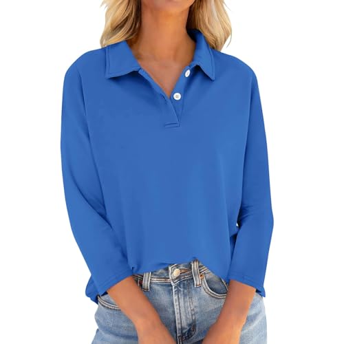 Blitzangebote Des Tages, Tunika Damen Sommer Tshirt Damen Oversize Einfarbig Button Down Revers 3/4 Ärmel Poloshirts Atmungsaktiv Golf Tennis Polohemd Damen T Shirt Bluse 3/4 Arm Damen(Royal Blue,3Xl) von LUNULE