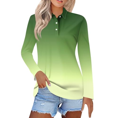 Blitzangebote des Tages, Damen Oberteile Longshirt Damen Gradient Druck Button Down Revers Langarm Polo Shirts Casual Golf Tennis Polohemd Leicht Fleecepullover Damen Modische (Army Green,3XL) von LUNULE