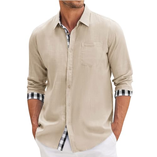 Blitzangebote des Tages, Hemden Herren Langarm Slim Fit Hemd Herren Einfarbig Freizeithemd Mit Knöpfen Kariert Patchwork Langarmhemd Casual Leicht Beach Shirt Langarmshirts Herren (Khaki,L) von LUNULE