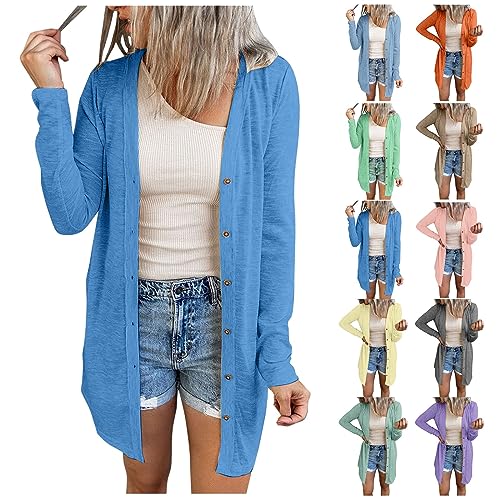 Blitzangebote des Tages, Strickjacke Damen Sommer Sommer Jacke Damen Elegant Einfarbig Langarm Cardigan Mit Knöpfen Leichte Open Front Cardigan Sommermantel Damen Leicht Jacken (Light Blue, XXL) von LUNULE