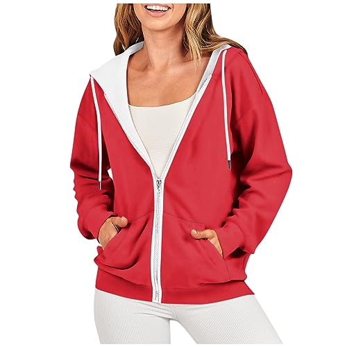 Blitzangebote des Tages, Strickjacken Für Damen Sportjacke Damen Einfarbig Full Zip Sweatshirt Jacke Mit Kapuze Casual Leicht Sportjacke Für Alltag Laufjacke Damen Leicht Sweatjacke (Red,L) von LUNULE