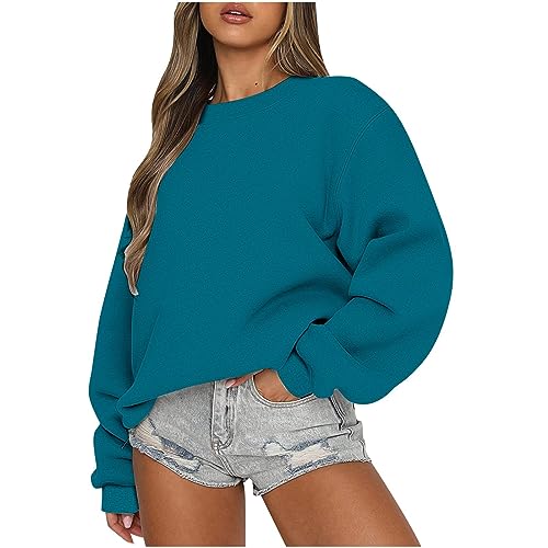 Blitzangebote des Tages, Sweatshirt Damen Pullover Für Damen Einfarbig Rundhals Langarm Pulli Ohne Kapuze Oversized Oberteile Tops Locker Casual Basic Bluse Lustige Tshirts Damen Longshirt(Blue,S) von LUNULE