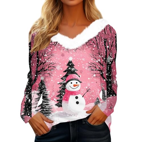 Blitzangebote des Tages, Weihnachtspullover Lustig Fleecepullover Damen Plüsch V Ausschnitt Langarm Shirts Lustige Druck Weihnachten Pullover Weihnachtsmotiv Lustige Weihnachtspullover (Pink,M) von LUNULE