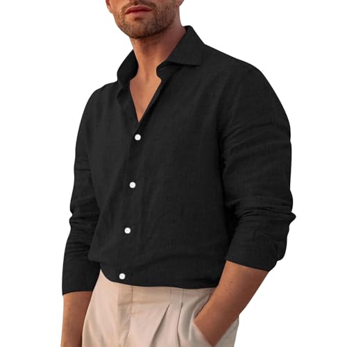 Blitzangebote des Tages Aktuell, Herren Hemden Langarm Herrenhemden Langarm Langarm Freizeithemd Mit Knöpfen Männer Einfarbig Basic Leinen Shirt Outdoor Herren Business Hemd (Schwarz,XL) von LUNULE