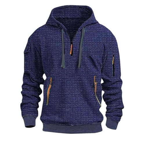 Blitzangebote des Tages Aktuell, Herren Pullover Sweatshirts Für Herren Einfarbig Waffel Kapuzenpullover Mit Reißverschluss Locker Casual Pullover Weihnachten Winterpullover Herren Warm(Marine,XXL) von LUNULE