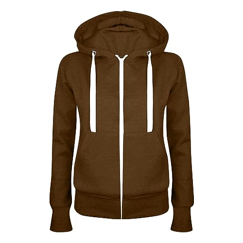 Blitzangebote des Tages Aktuell, Kapuzenpullover Damen Sweatjacke Damen Lang Einfarbig Zipper Hoodie Jacke Mit Taschen Casual Leicht Langarm Kapuzenjacke Zipper Hoodie Damen College (Braun,M) von LUNULE