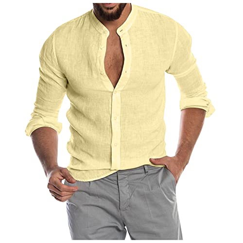 Blitzangebote des Tages Aktuell, Langarmshirts Für Herren Hemd Ohne Kragen Herren Einfarbig Baumwolle Leinen Shirts Mit Knöpfen Regular Fit Basic Freizeithemd Holzfällerhemd Herren (Khaki,3XL) von LUNULE