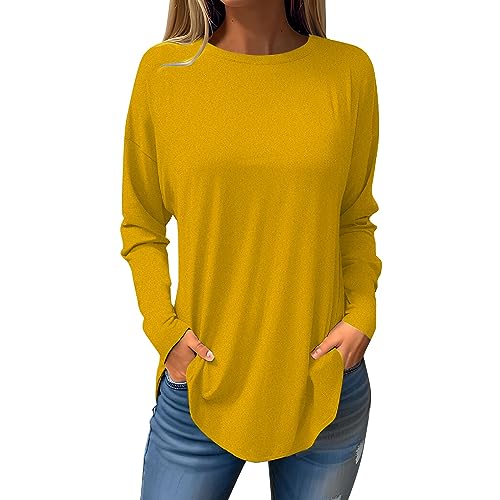 Blitzangebote des Tages Aktuell, Oversized Tshirt Damen Damen Pullover Einfarbig Rundhals Langarm Pullover Tshirt Locker Casual Basic T-Shirts Leicht Lustige Tshirts Damen T-Shirt (Gelb,3XL) von LUNULE