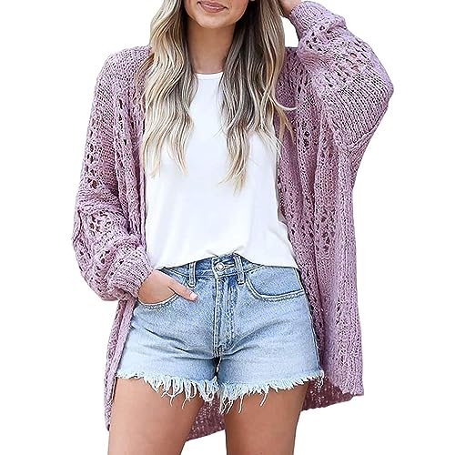 Damen Sale Angebote, Strickjacke Damen Longstrickjacke Damen Aushöhlen Langarm Grobstrick Jacke Leichte Weiche Open Front Sweater Outwear Damen Sommerjacke Leicht Damen Sweatjacke(Lila,L) von LUNULE