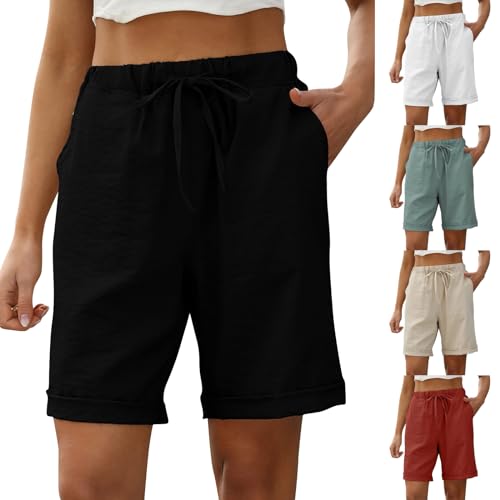 Damen Shorts, Sommerhose Damen Hose Damen Sommer Baumwolle Leinen Shorts Frauen Elastischer Bund Sporthose Damen Shorts Sommer Warehouse Deals Angebote(Black,S) von LUNULE