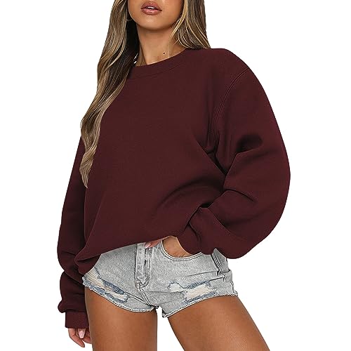 Damenmode Sale, Damen Pullover Elegant Pulli Damen Einfarbig Rundhals Langarm Pulli Ohne Kapuze Oversized Oberteile Tops Locker Casual Basic Bluse Teenager Mädchen Kleidung Sweatshirt(Wine,S) von LUNULE