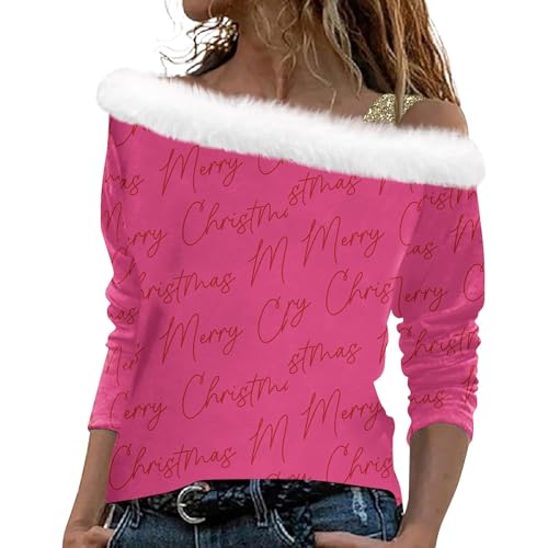 LUNULE Weihnachtspulli Druck Weihnachten Pullover Mit Schulterriemen Sexy Plüsch Schulterfrei Damen Pullover Herbst Festliches Kleid Damen Weihnachten Winterpullover Damen Warm(Blue,S) von LUNULE