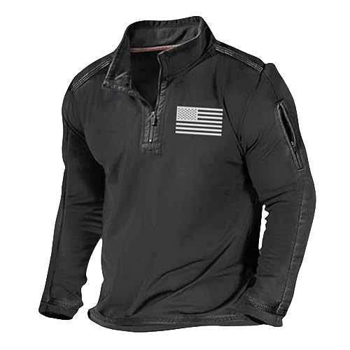 Hemd Herren Kurzarm Sommer Hemd Herren Kurzarm BüGelfrei Laufshirt Herren MäNner Usa Flagge Gedruckt T-Shirt Stehkragen Langen ÄRmeln Shirt Mit ReißVerschluss Herbst Langarmhemd Herren (Schwarz, L) von LUNULE