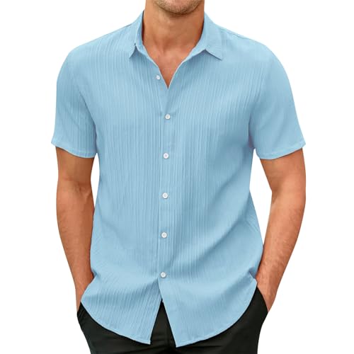 Herren Hemd Kurzarm Herrenhemd Kurzarm Bügelfrei Sporttop Hemd Blau Baumwolle Leinen Hemd Einfarbig Button Down Kurzarm Hemden Männer Regular Fit Angebote Jogginganzug Damen (Sky Blue, M) von LUNULE